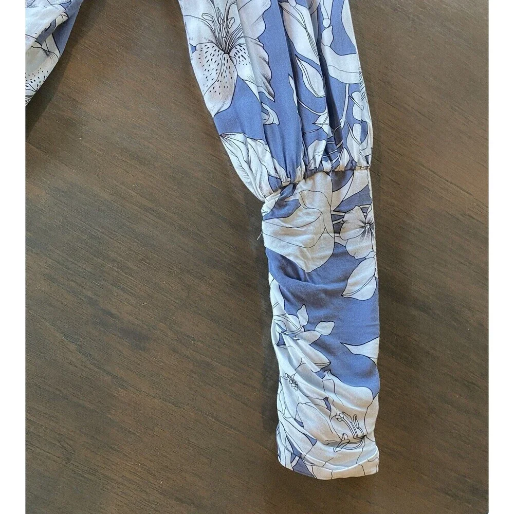 Jaase Jacket Blue White  Floral Full Zip Bomber Jacket Size Large Ruched Sleeve - Picture 7 of 12